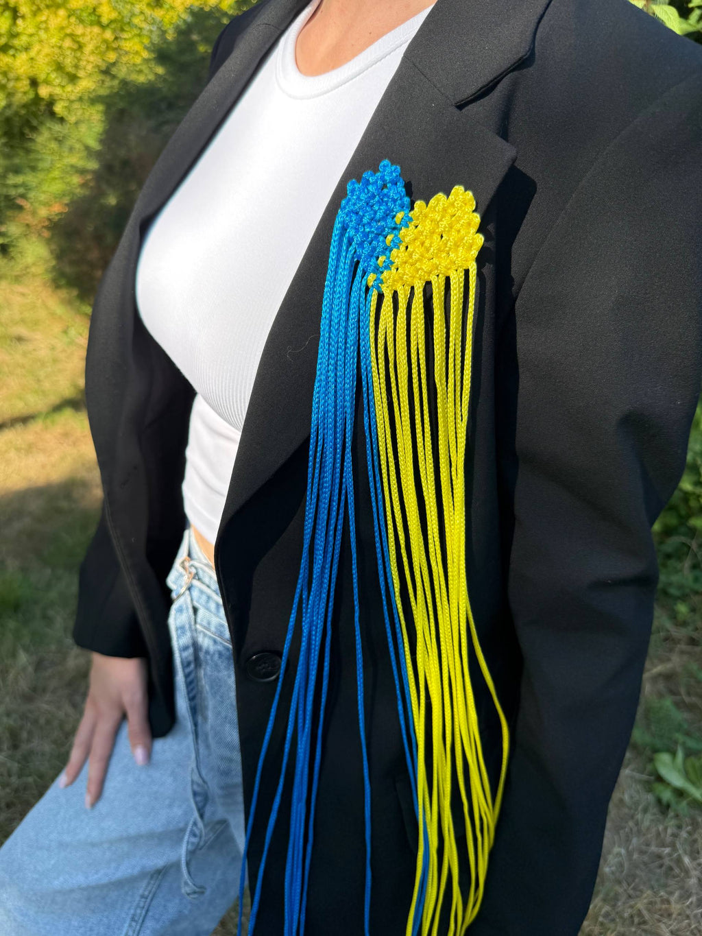 Ukrainian Flag Fringe Brooch — worn on black blazer