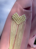 Pearl Cream Fringe Brooch — on pink blazer close up
