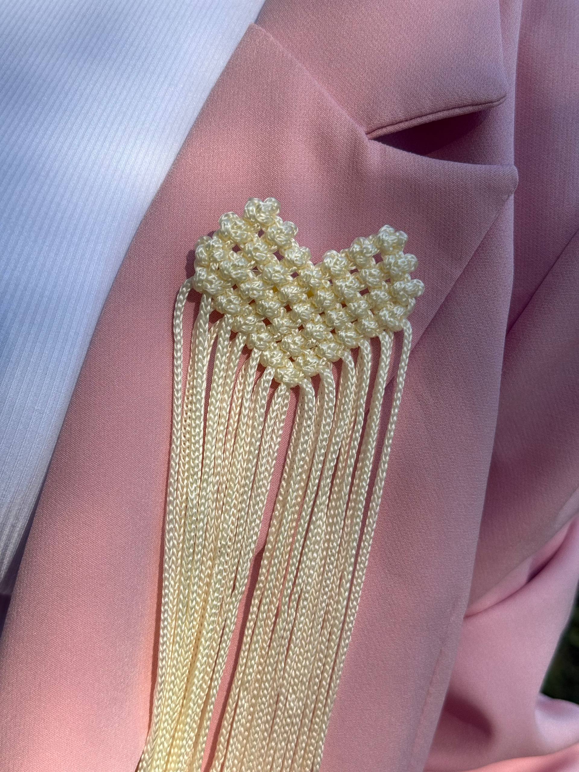 Pearl Cream Fringe Brooch — on pink blazer close up