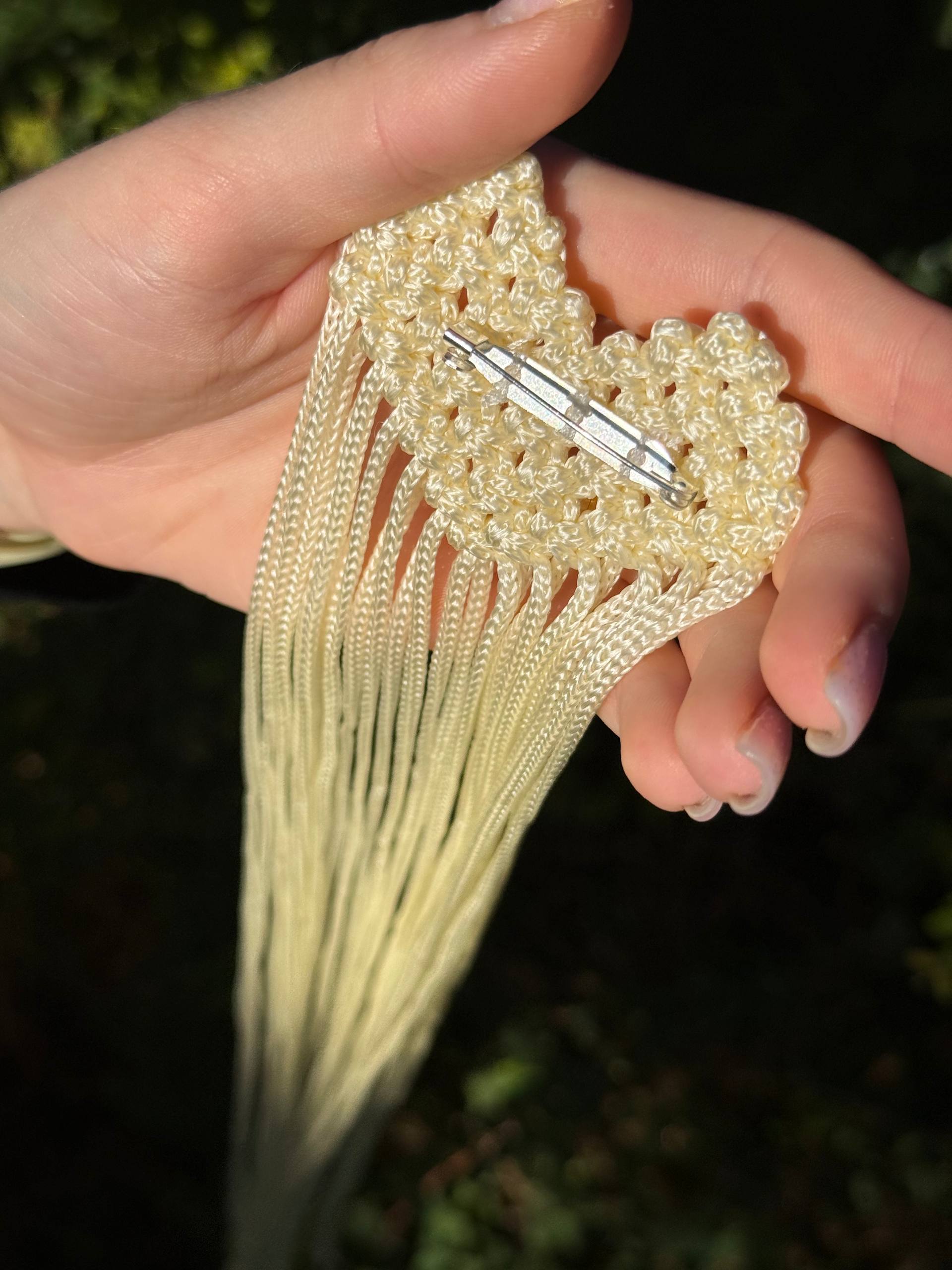 Pearl Cream Fringe Brooch — back clasp detail in hand