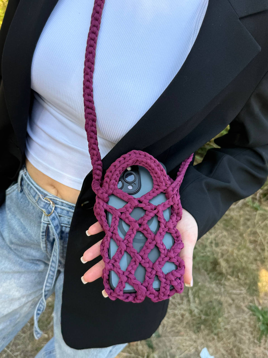 Burgundy Crochet Phone Bag — close up with phone inside