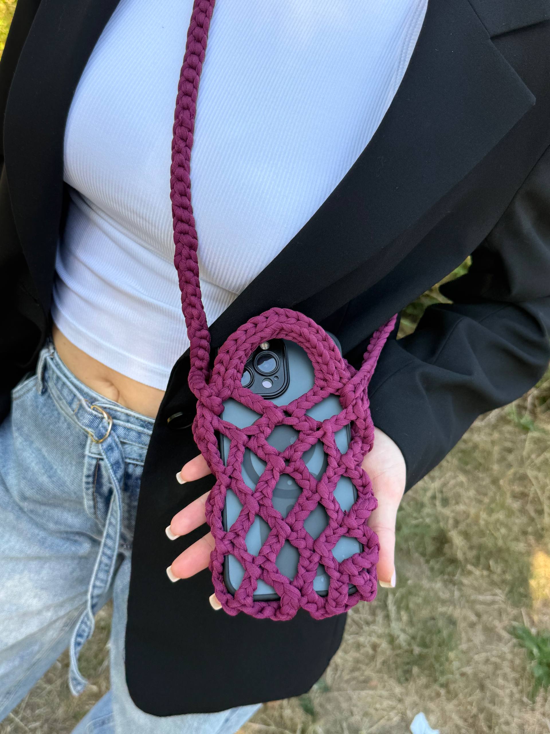 Burgundy Crochet Phone Bag — close up with phone inside