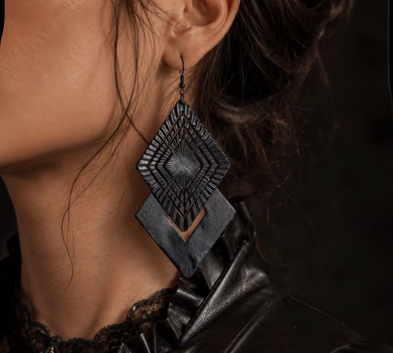 Black Geometric Diamond Drop Earrings