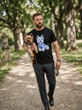 Blue Dog Print T-Shirt — worn by man in park with Yorkshire Terrier