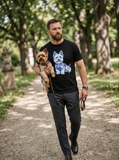 Blue Dog Print T-Shirt — worn by man in park with Yorkshire Terrier
