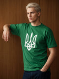 Ukraine Trident Tee — green t-shirt with white trident print worn by model