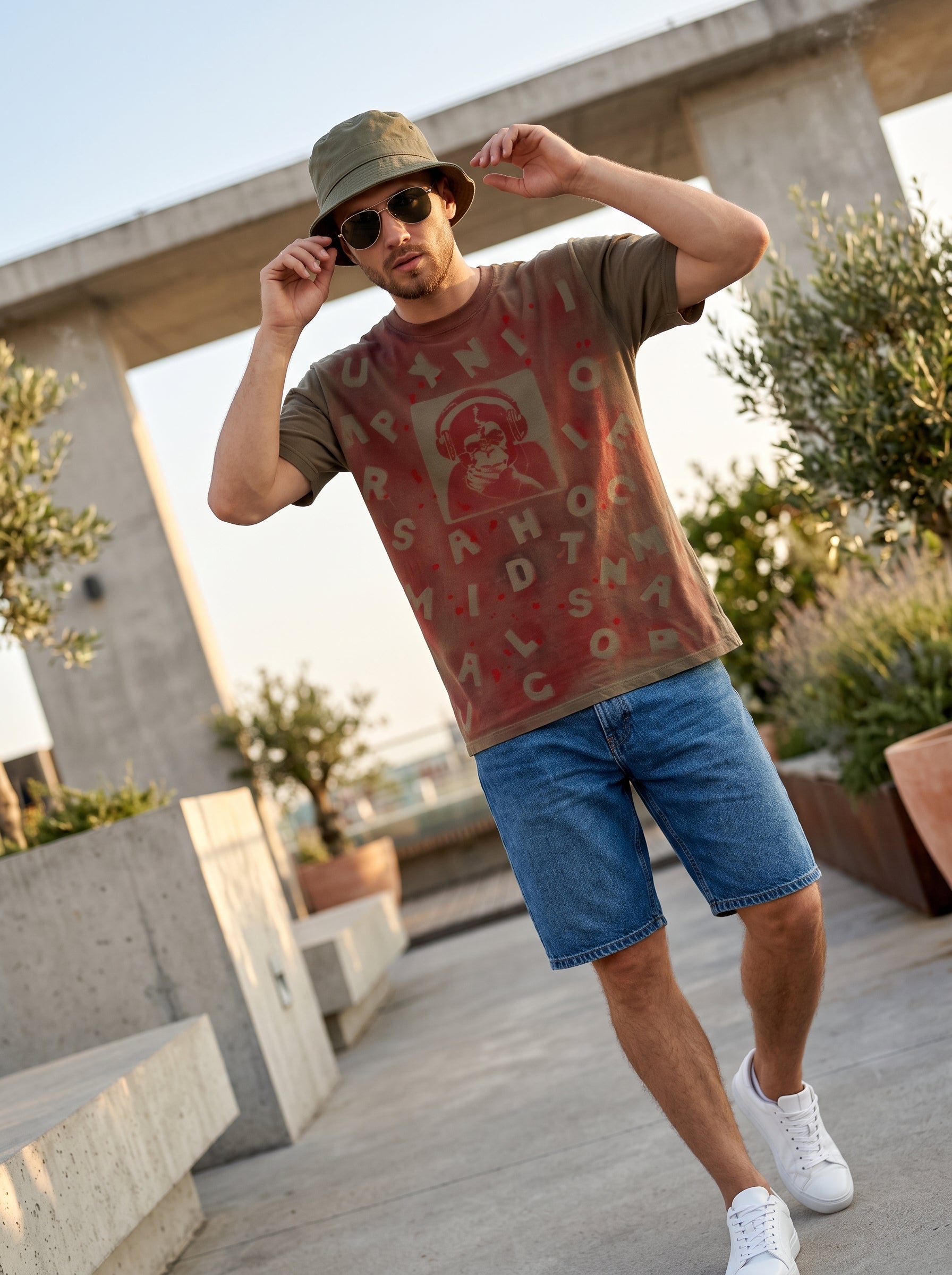 DJ Khaki Acid Wash Tee — handmade olive t-shirt with red DJ graphic and letter print, worn outdoors