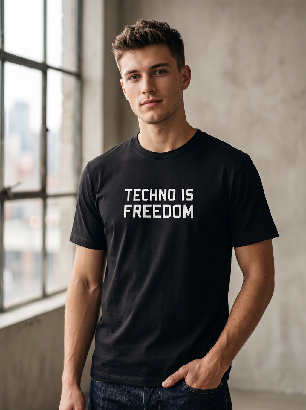 Techno Is Freedom Tee — black t-shirt with bold white TECHNO IS FREEDOM print worn by man