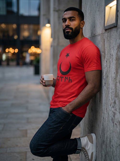Göktürk Crescent Tee — red t-shirt with crescent, star and ancient Turkic script