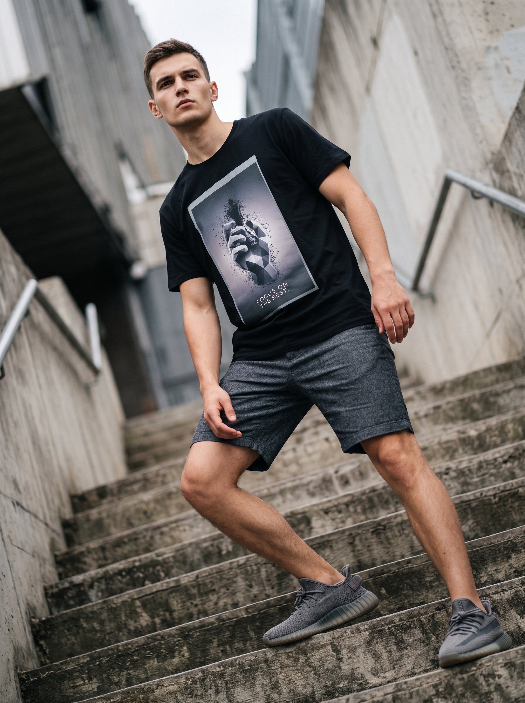 Focus on the Best Tee — black oversized t-shirt with graphic print worn by man on urban stairs
