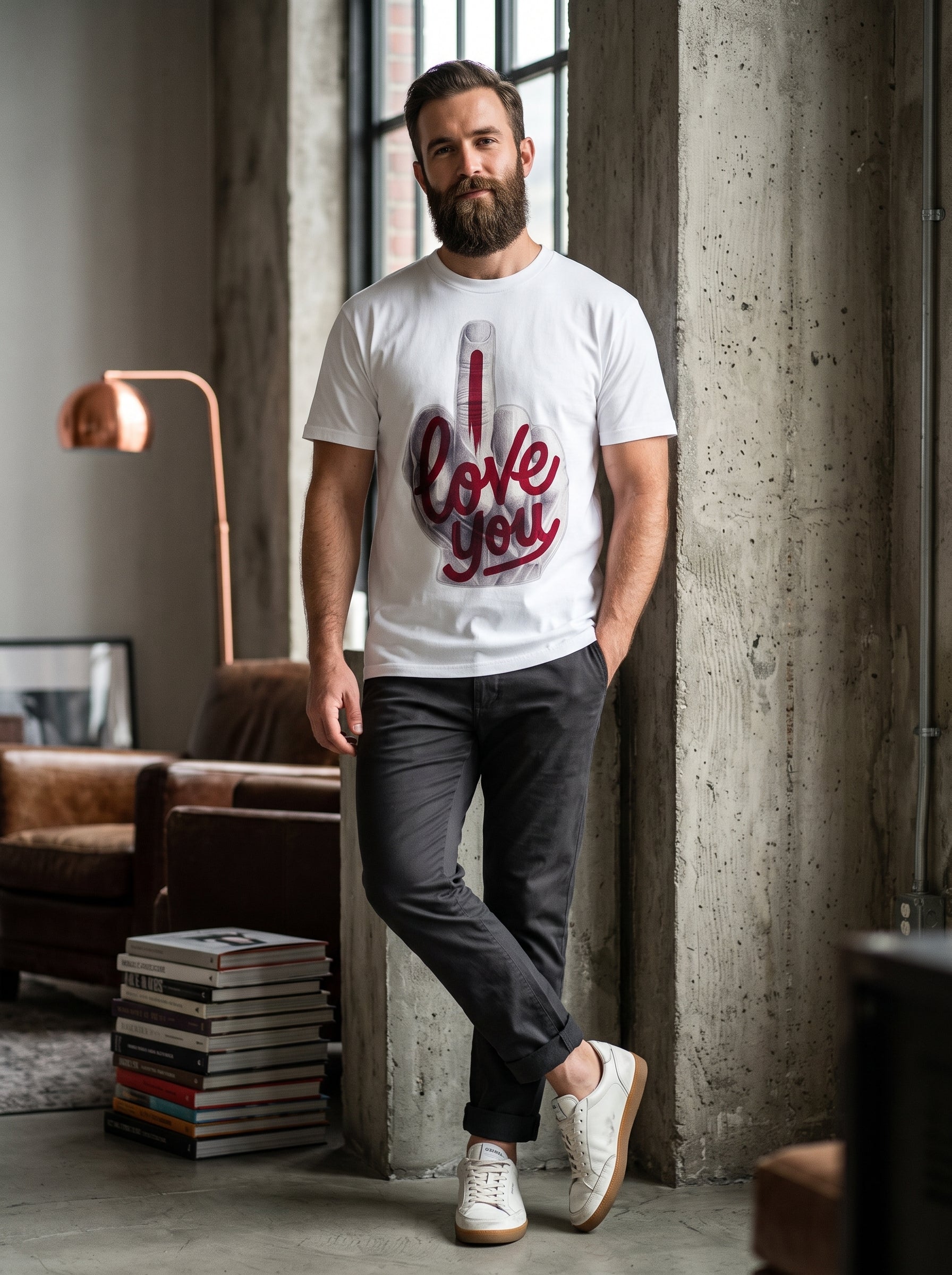 I Love You Tee — white t-shirt with bold I Love You graphic print worn by bearded man in loft