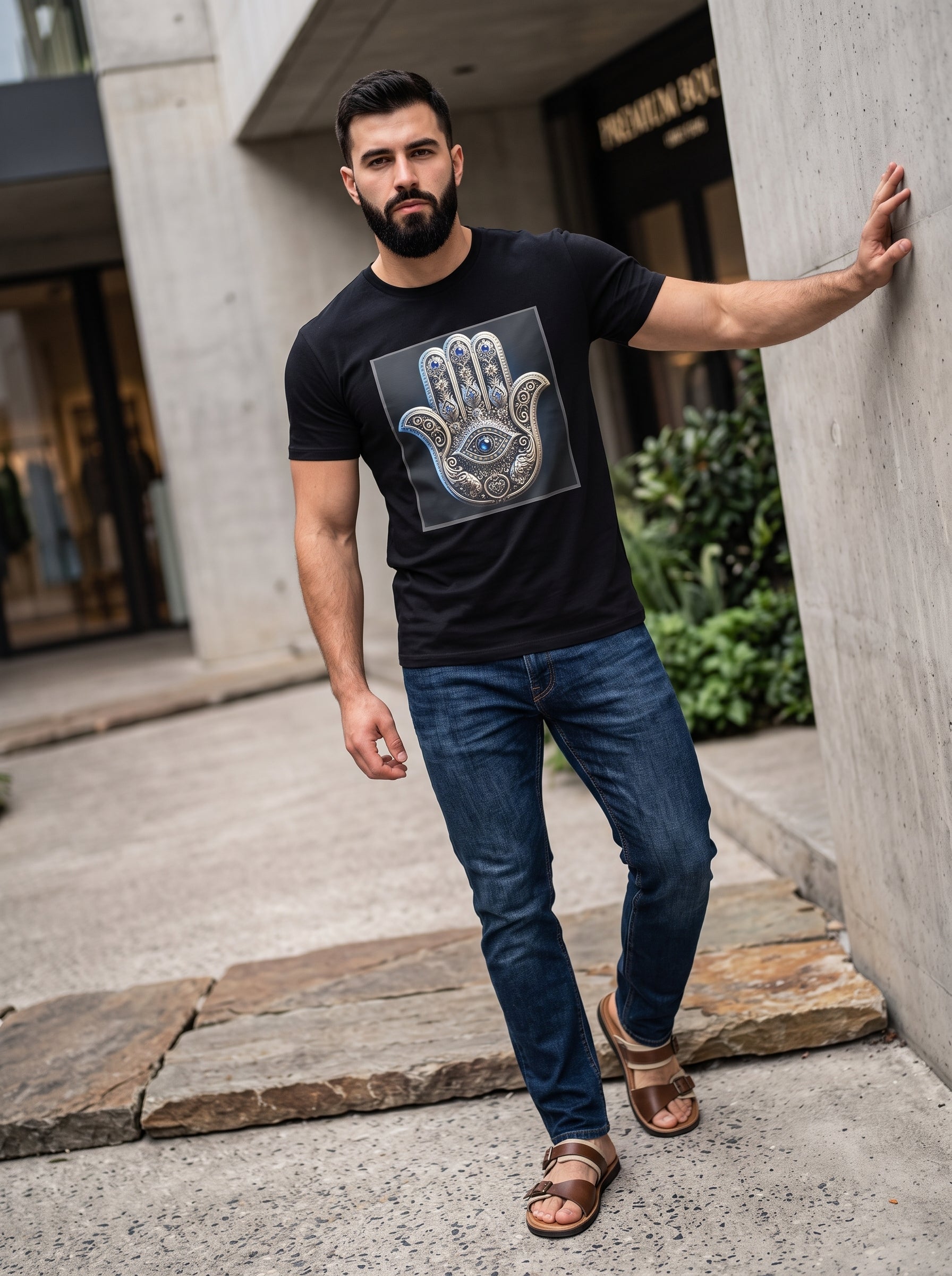 Hamsa Tee — black t-shirt with ornamental Hamsa hand and evil eye graphic worn by man on urban street