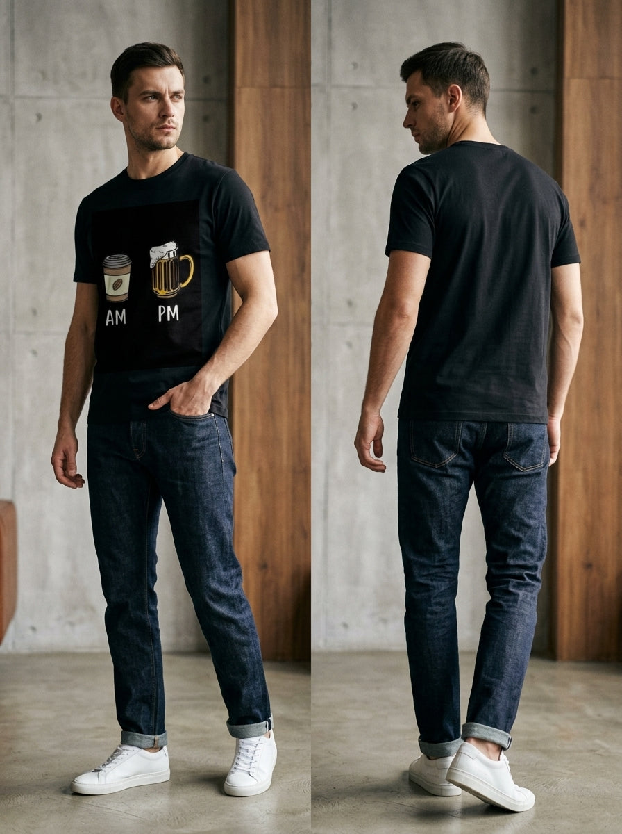 AM PM Tee — black t-shirt with coffee AM and beer PM graphic print, front and back view