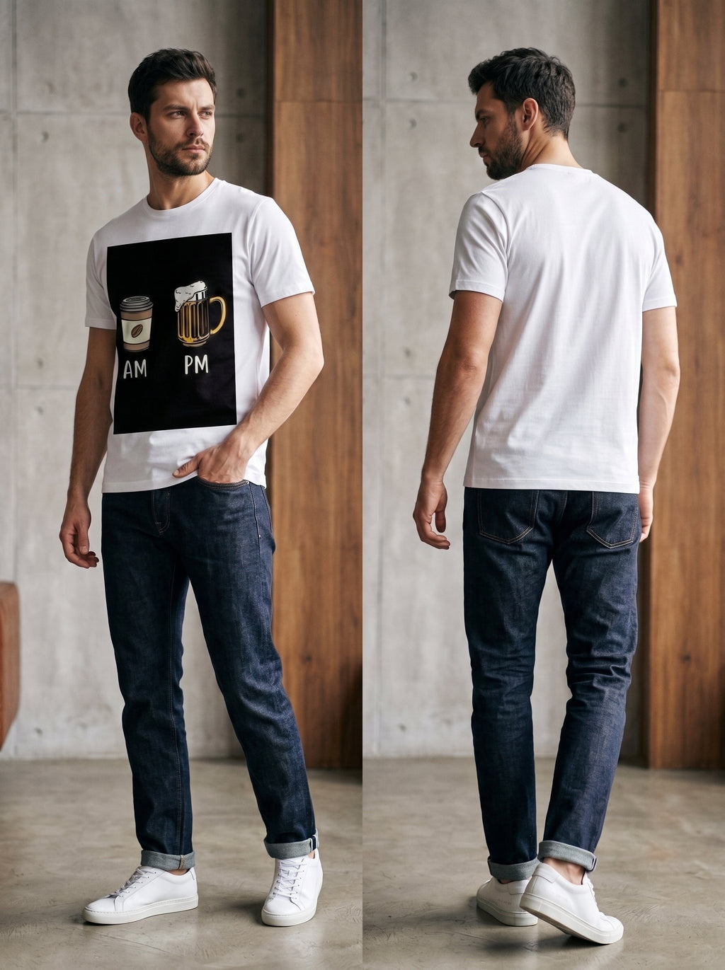 AM PM Tee — white t-shirt with coffee AM and beer PM graphic print, front and back view