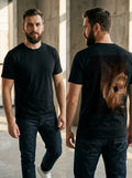 Yorkie Tee — black t-shirt with Yorkshire Terrier photo print on the back, front and back view