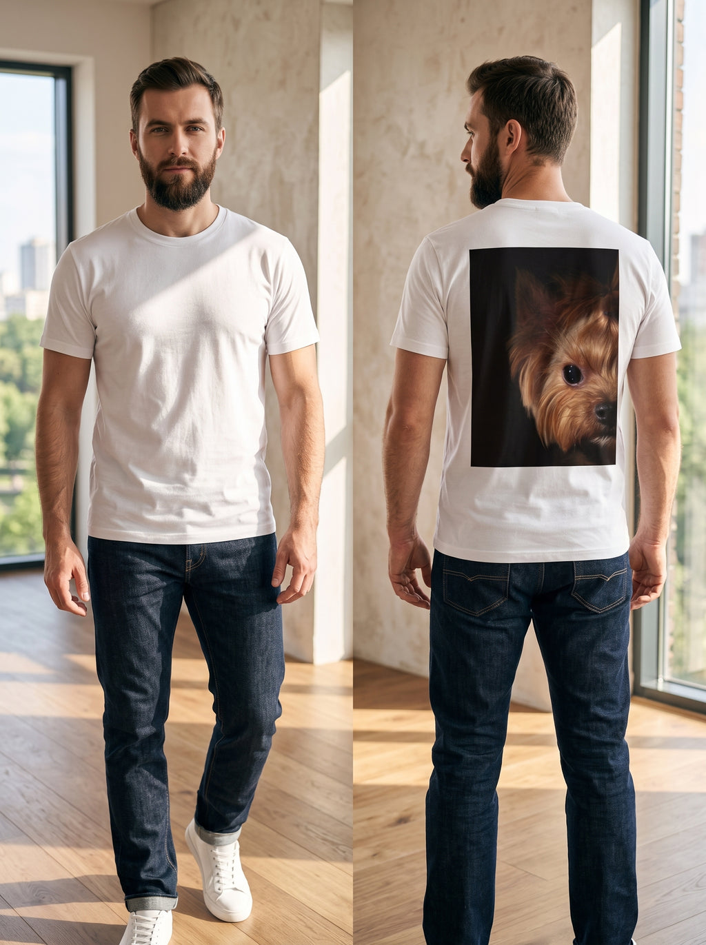 Yorkie Tee — white t-shirt with Yorkshire Terrier photo print on the back, front and back view
