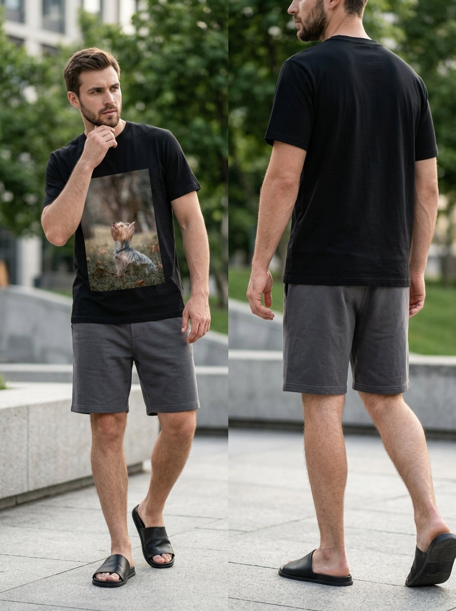 Yorkie Wild Tee — black t-shirt with Yorkshire Terrier nature photo print on chest, front and back view