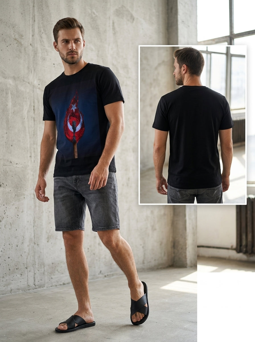 Crescent Flame Tee — black t-shirt with crescent and star in red flame graphic on chest, front and back view