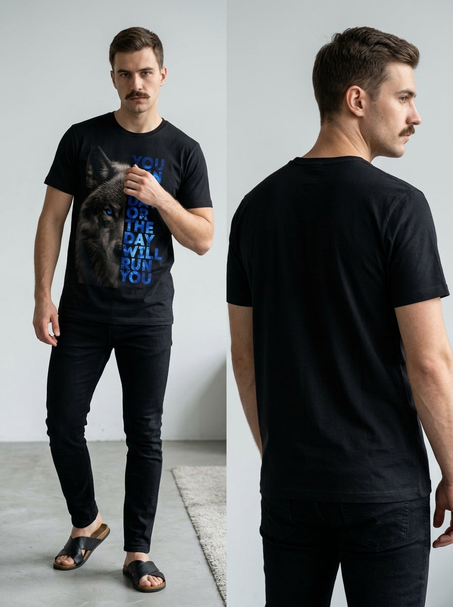 Wolf Tee — black t-shirt with wolf portrait and motivational text graphic on chest, front and back view