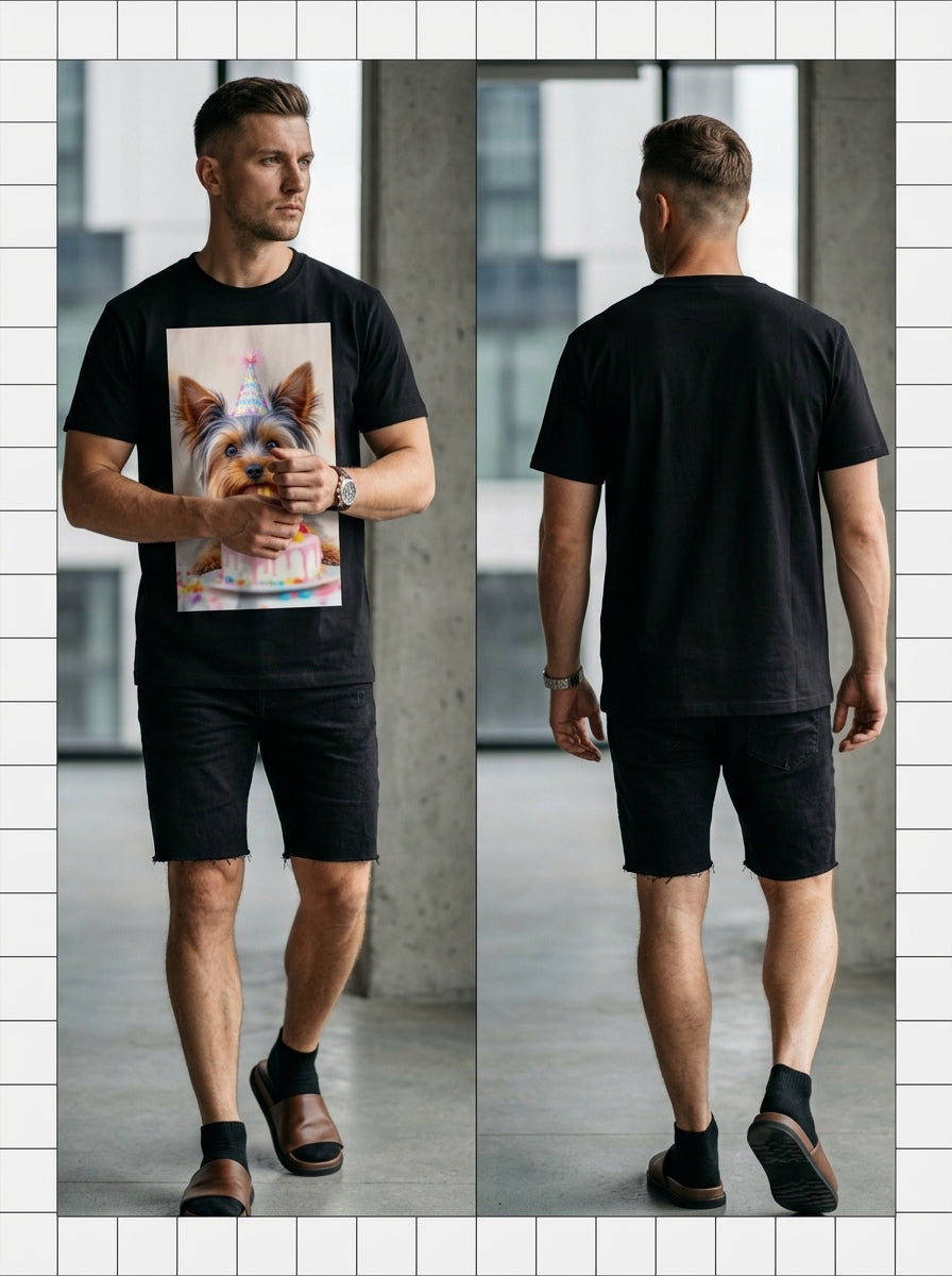Yorkie Party Tee — black t-shirt with Yorkshire Terrier party hat and birthday cake print on chest