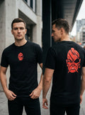 Red Mask Tee — black t-shirt with red oni mask print, small on chest and large on back