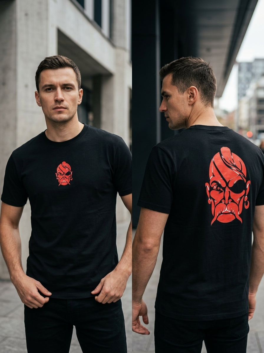 Red Mask Tee — black t-shirt with red oni mask print, small on chest and large on back
