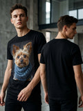 Yorkie Cozy Tee — black t-shirt with Yorkshire Terrier wearing knit scarf portrait on chest