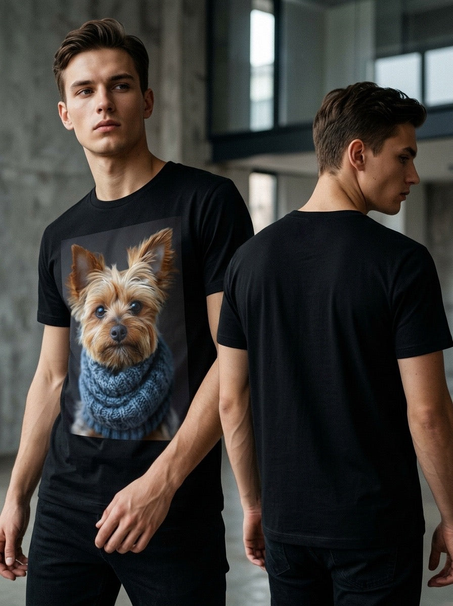 Yorkie Cozy Tee — black t-shirt with Yorkshire Terrier wearing knit scarf portrait on chest