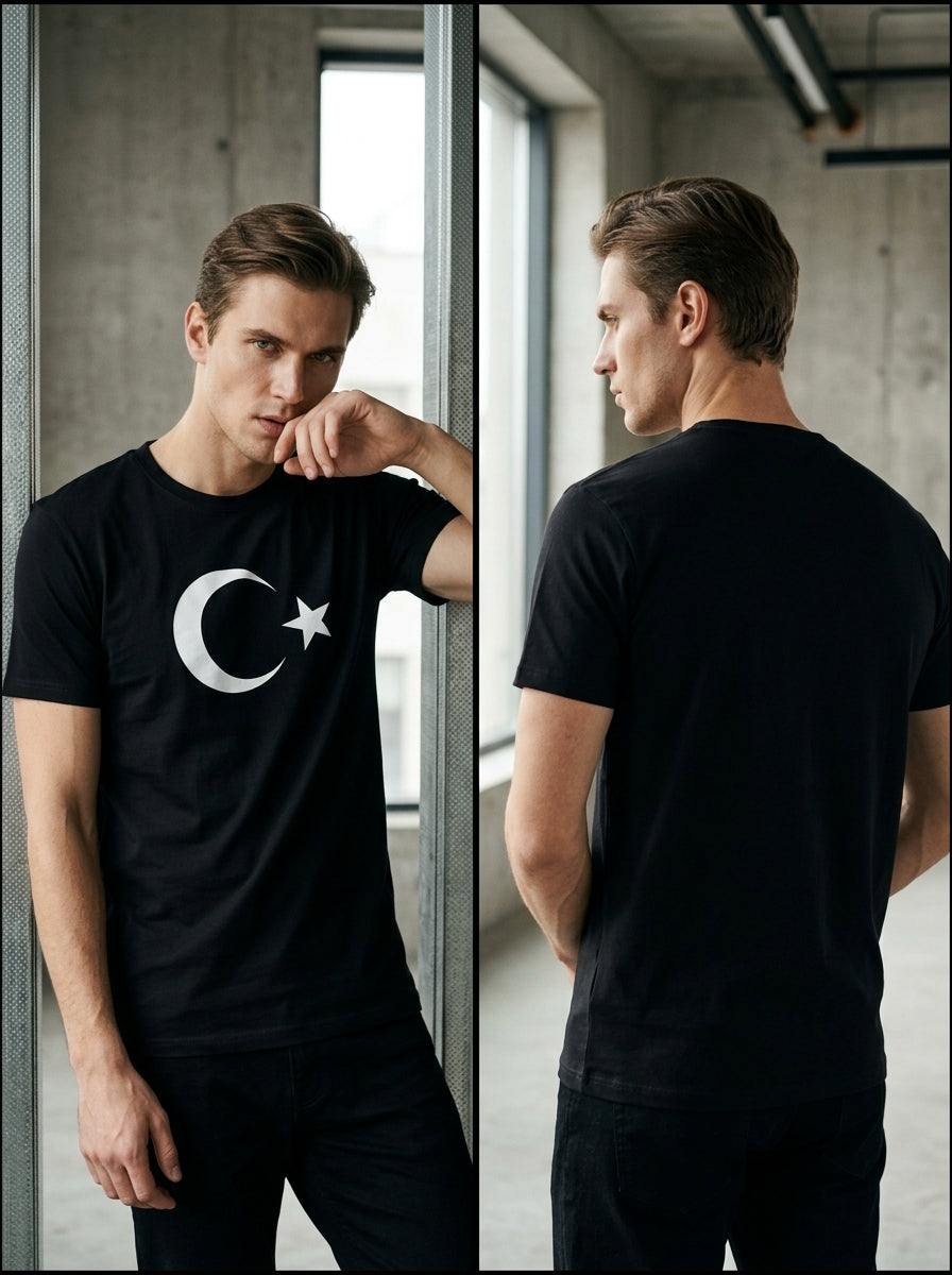 Crescent Tee — black t-shirt with white crescent moon and star on chest, front and back view