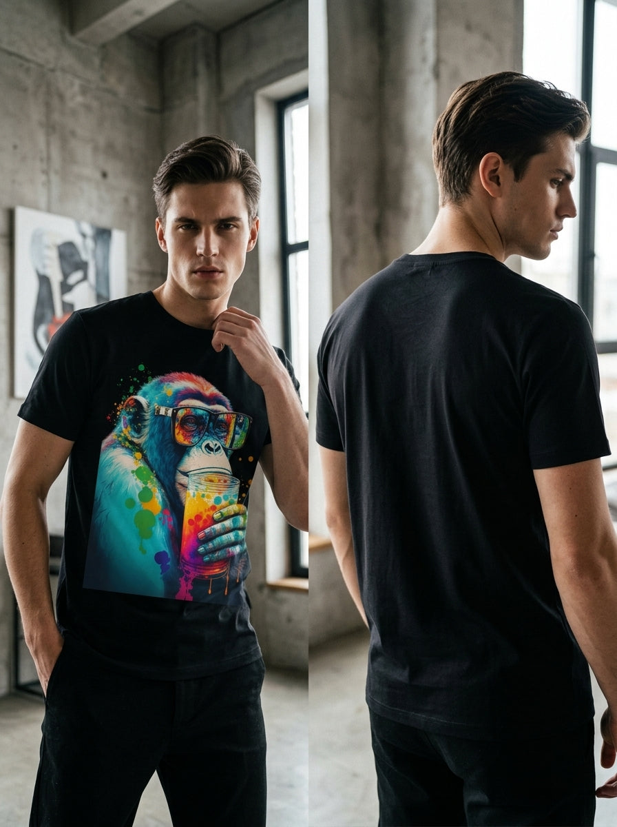 Monkey Art Tee — black t-shirt with colourful graffiti chimpanzee in sunglasses print on chest
