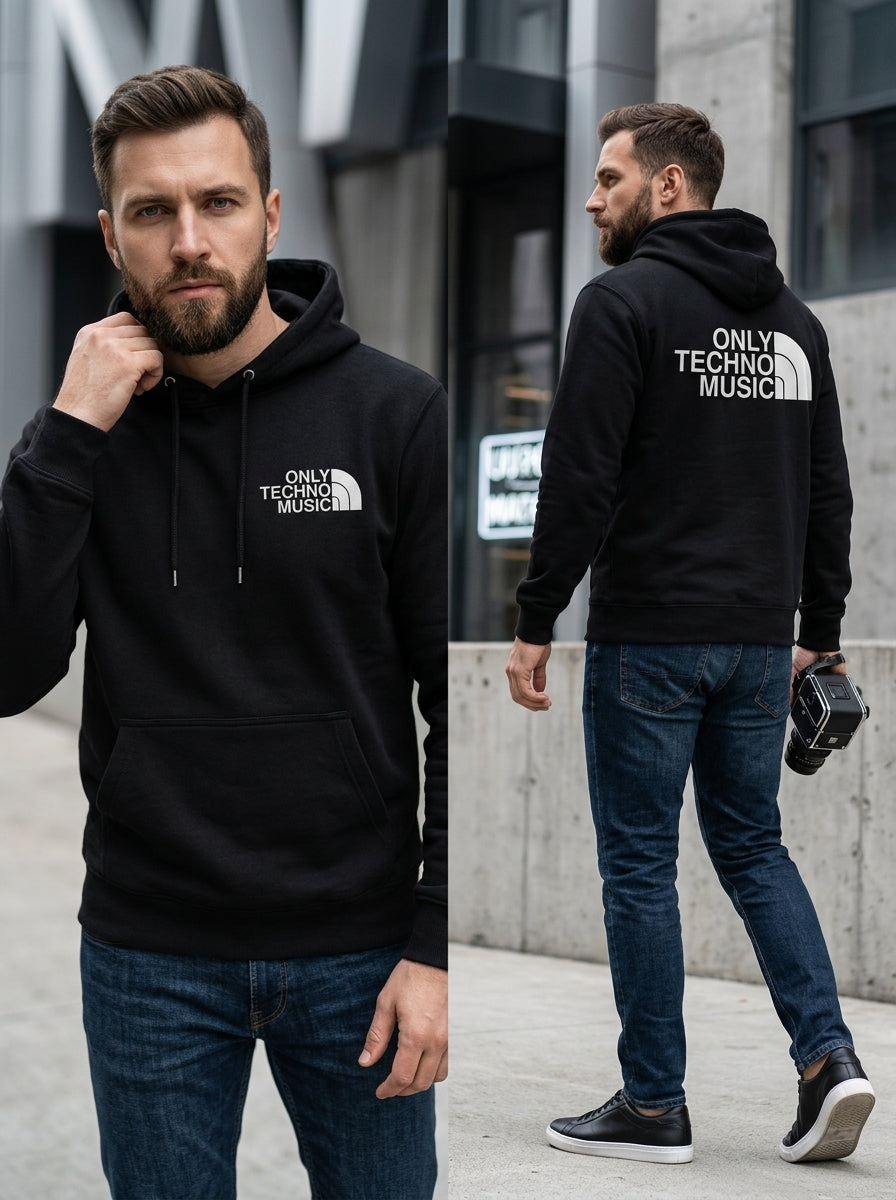 Crescent Hoodie — black hoodie with white crescent moon and star, small on chest and large on back