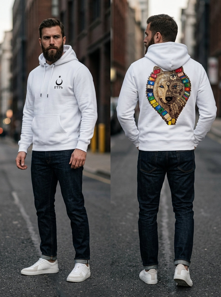 Turkic Wolf Hoodie white — white hoodie with crescent and Turkic script on chest, large wolf with Turkic flags on back