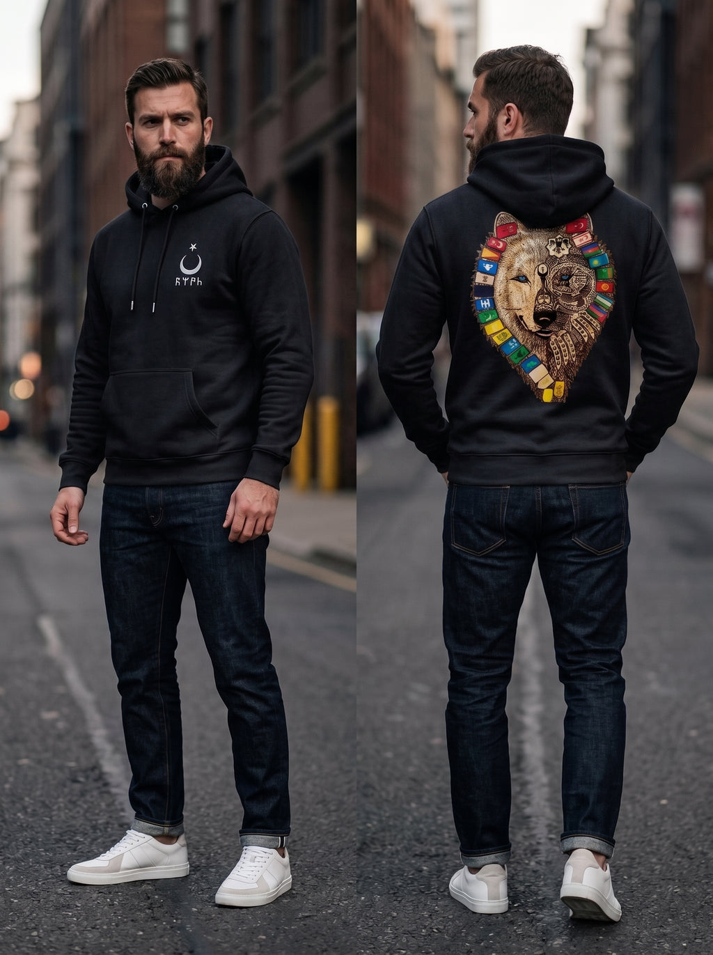 Turkic Wolf Hoodie black — black hoodie with crescent and Turkic script on chest, large wolf with Turkic flags on back
