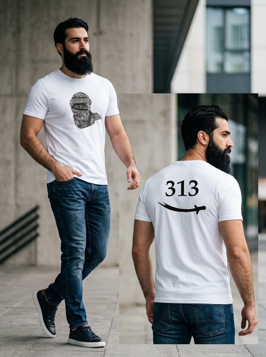313 Warrior Tee — white t-shirt with ornamental warrior mask on chest and 313 with sword on back