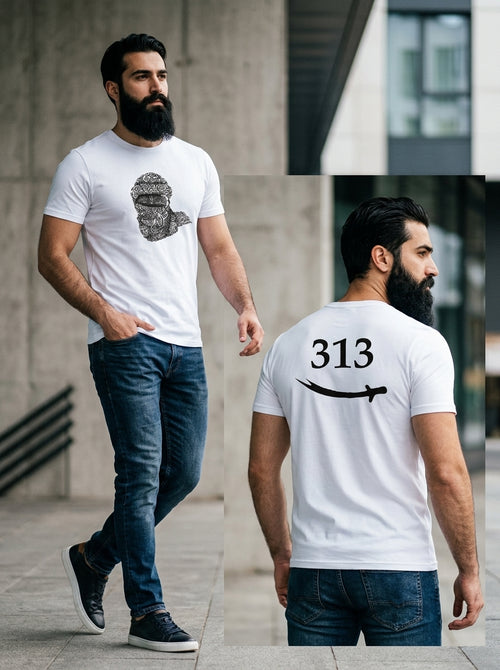 313 Warrior Tee — white t-shirt with ornamental warrior mask on chest and 313 with sword on back
