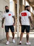 Turkey Flag Tee — white t-shirt with brush-stroke Turkish flag small on chest and large on back