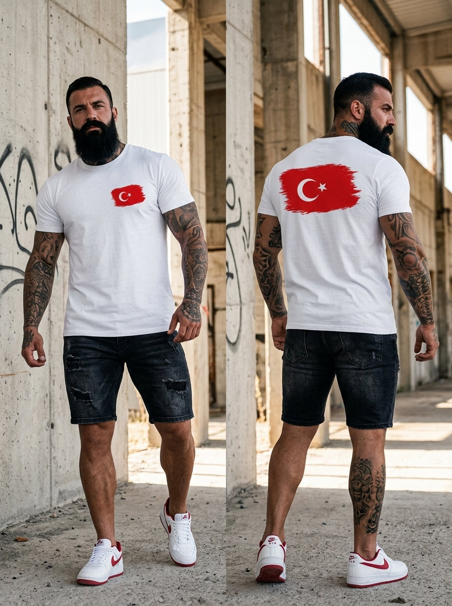 Turkey Flag Tee — white t-shirt with brush-stroke Turkish flag small on chest and large on back