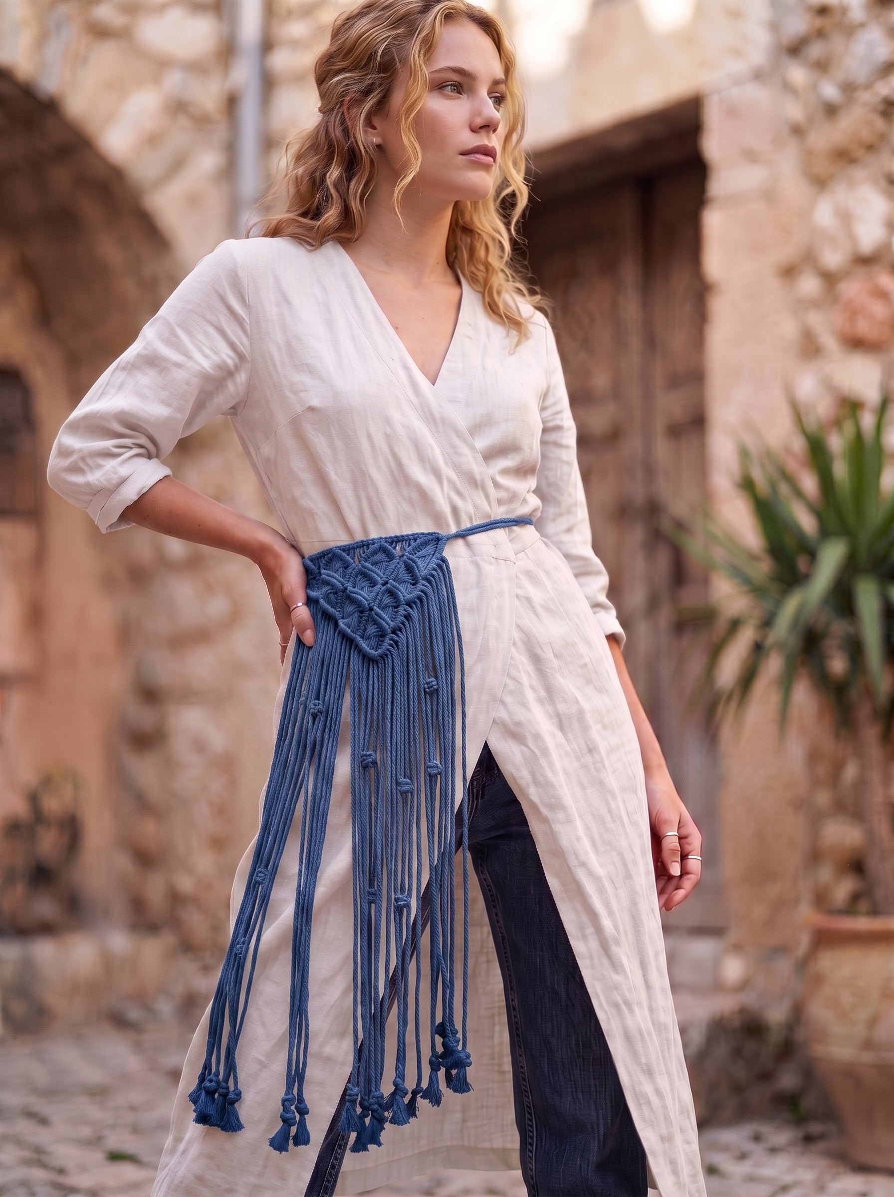 Macrame Fringe Belt in Navy Blue — worn by model over white dress in Mediterranean setting