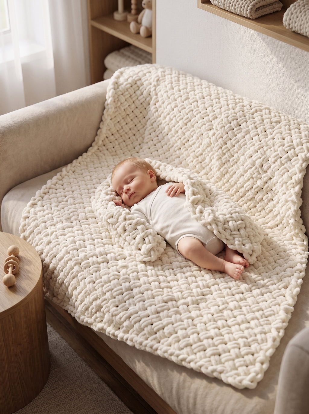 Chunky Knit Baby Blanket in Cream — baby sleeping on hand-knitted chunky blanket on armchair