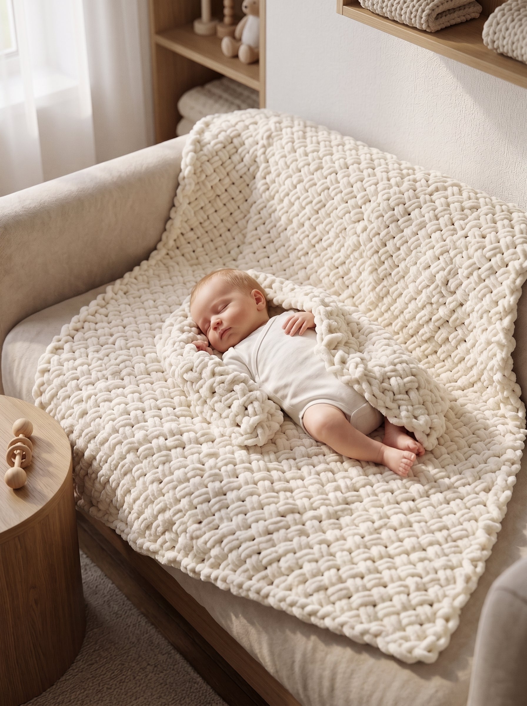 Chunky Knit Baby Blanket in Cream — baby sleeping on hand-knitted chunky blanket on armchair