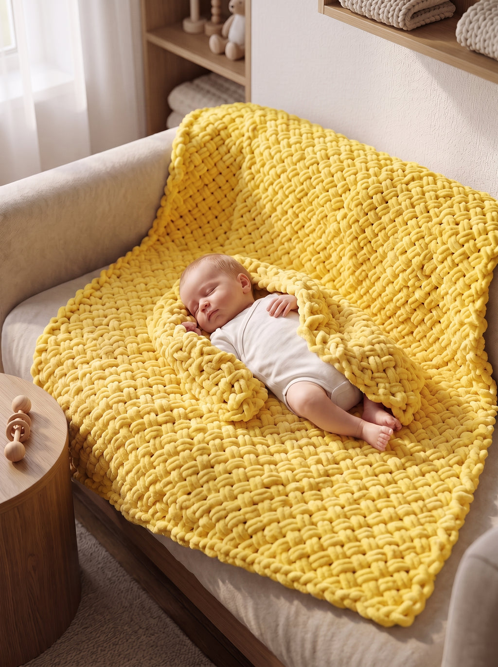 Chunky Knit Baby Blanket in Yellow — baby sleeping on hand-knitted chunky blanket on armchair