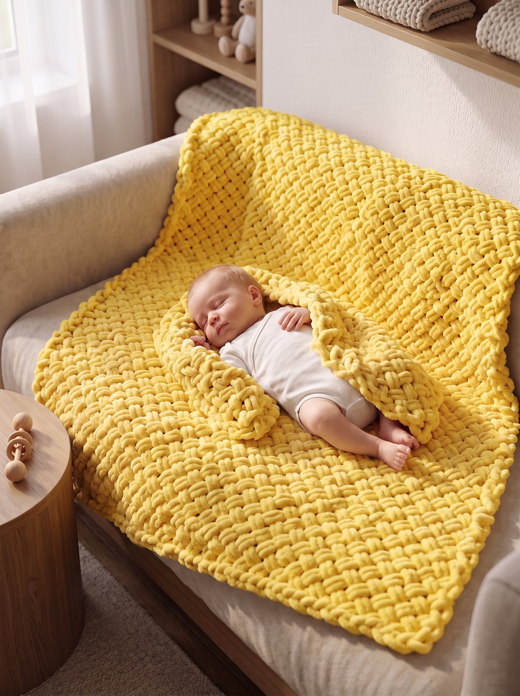 Chunky Knit Baby Blanket in Yellow — baby sleeping on hand-knitted chunky blanket on armchair