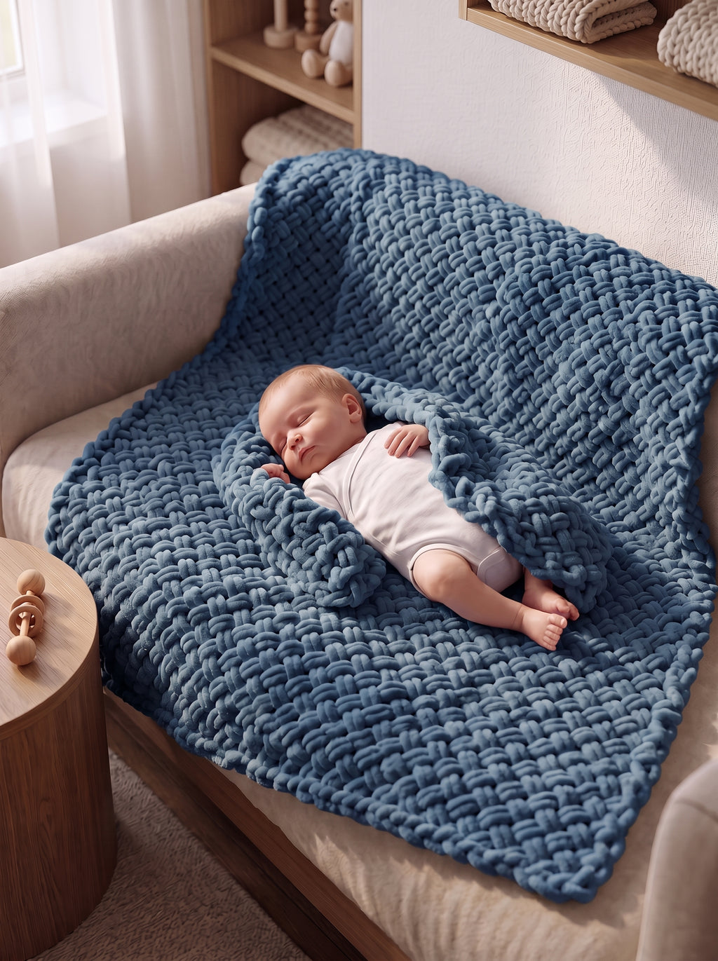 Chunky Knit Baby Blanket in Blue — baby sleeping on hand-knitted chunky blanket on armchair
