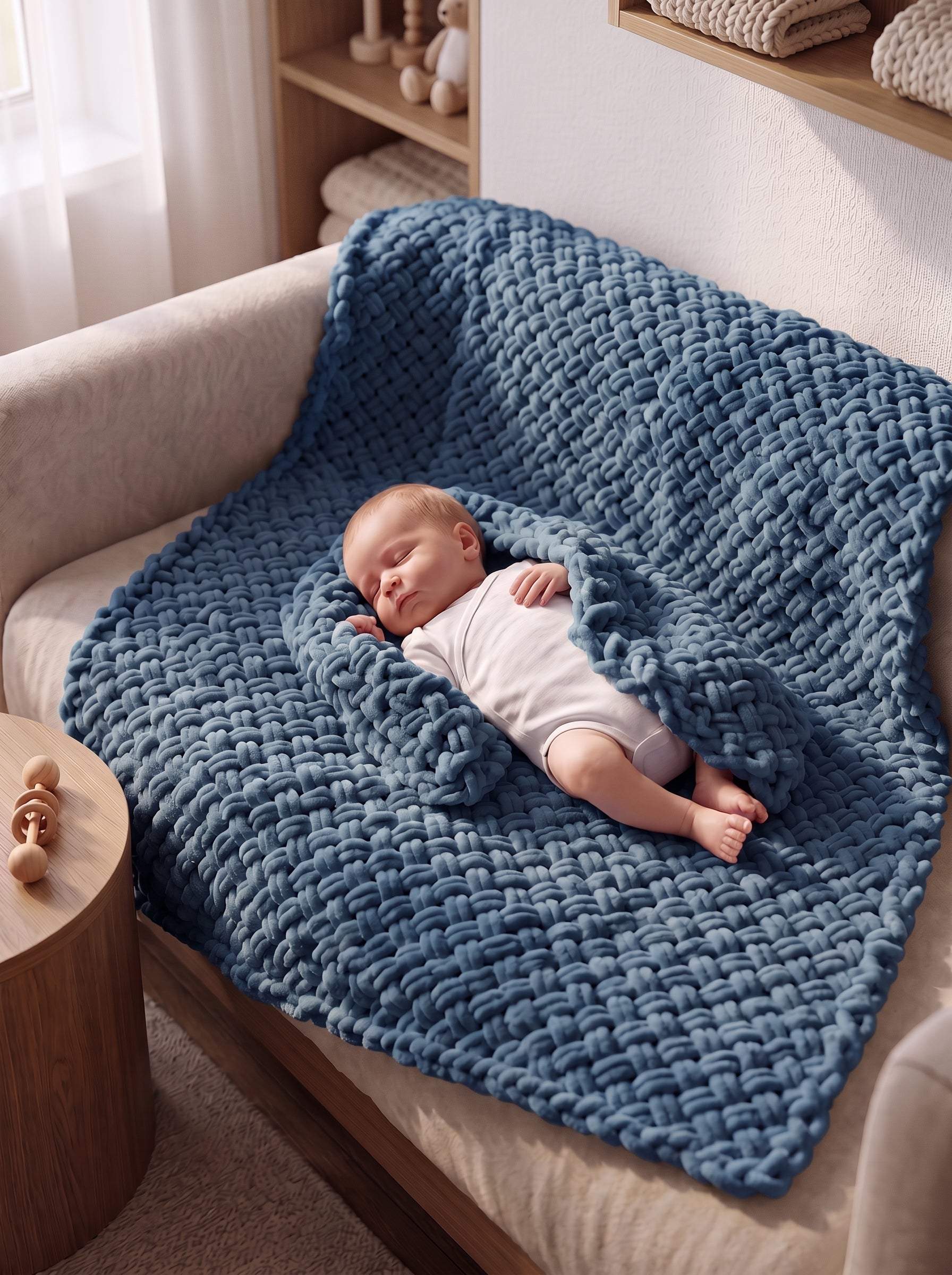 Chunky Knit Baby Blanket in Blue — baby sleeping on hand-knitted chunky blanket on armchair