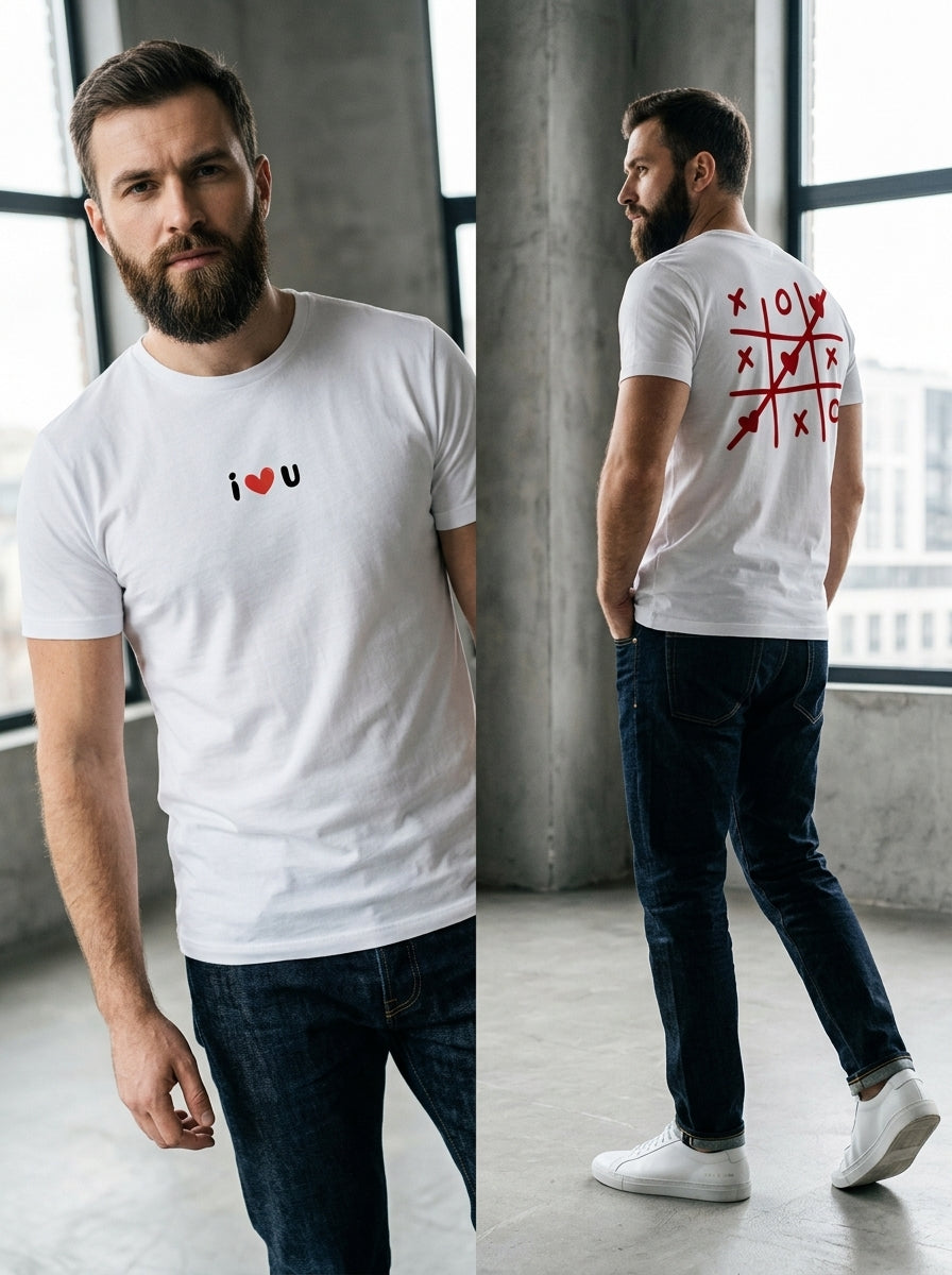 I Love My Crazy Girlfriend Tee — white t-shirt with dark red text on back, front and back view on male model