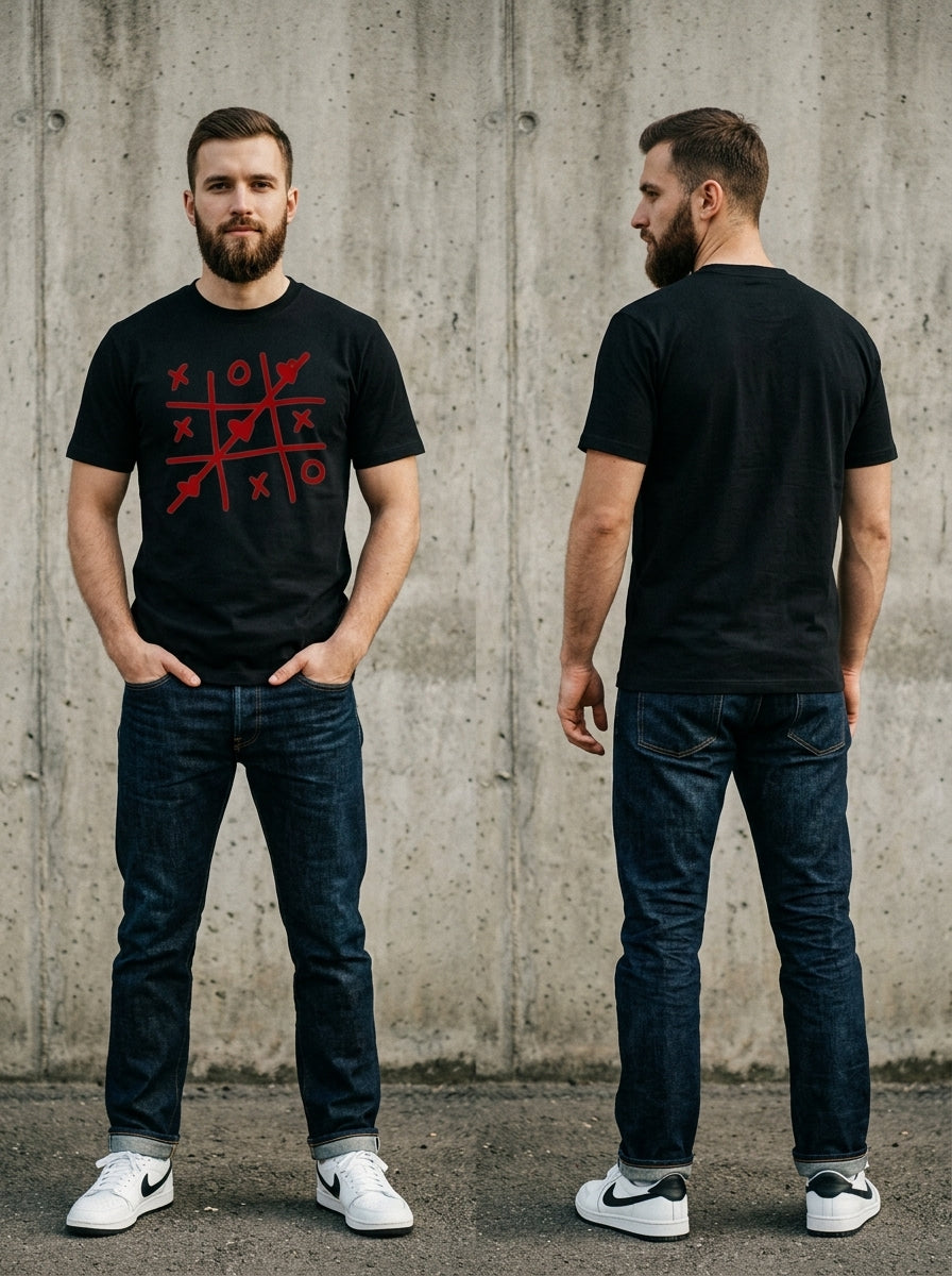 I Love My Crazy Girlfriend Tee — black t-shirt with bold red text on chest and back, front and back view on male model