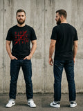 I Love My Crazy Girlfriend Tee — black t-shirt with bold red text on chest and back, front and back view on male model