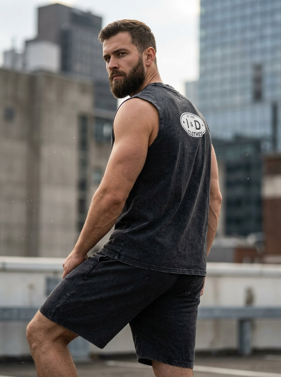 I&D Acid Wash Tank & Shorts Set — back view showing I&D Clothes logo on tank, urban rooftop background
