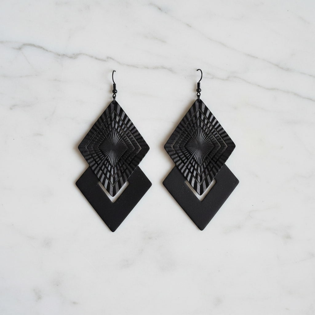 Black Geometric Diamond Drop Earrings - Marble Surface