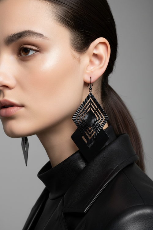 Black Geometric Diamond Drop Earrings - New Model